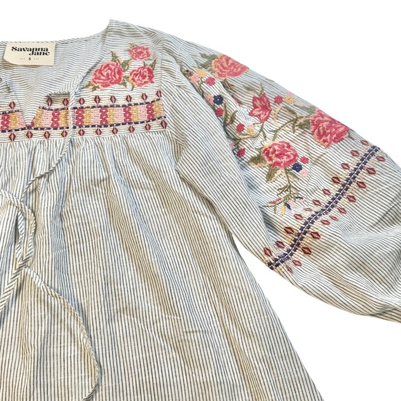 Savanna Jane‎ Floral Embroidered Pinstripe Blouse Small - Picture 1 of 6